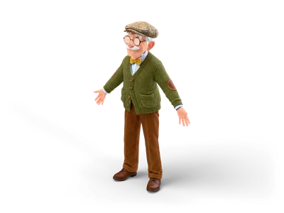 Stylized elderly man with flat cap, round glasses and white moustache in a green cardigan and brown corduroys