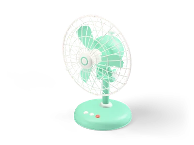 Mint retro desk fan with round base, three buttons, cream wire guard and mint three-blade rotor behind it