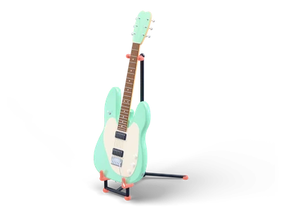 Mint-green electric guitar with white pickguard and two humbuckers leaning in a black guitar stand