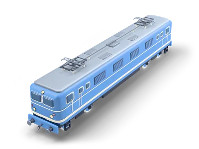 Locomotora eléctrica azul con franjas crema, dos cabinas y dos pantógrafos plegados sobre techo gris