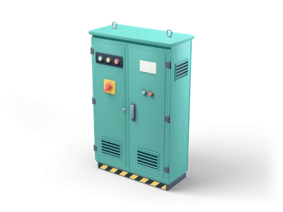 Teal electrical switch cabinet with two doors, three glowing indicator lamps and a yellow main switch