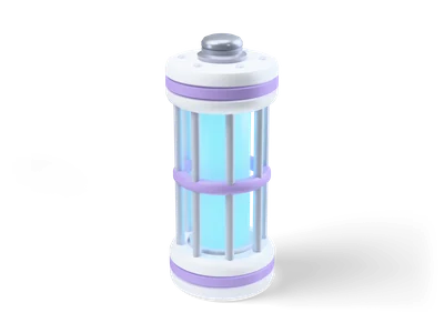 Upright white energy cell with lilac bands, glowing cyan core behind cage bars and grey metal contact cap