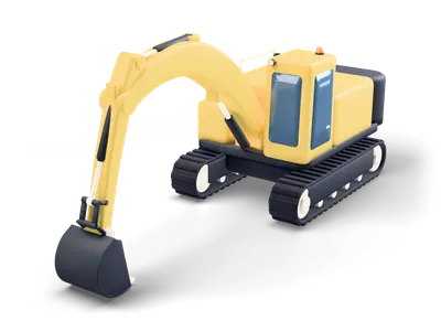 Yellow crawler excavator with dark tracks and counterweight, blue-tinted cab windows and a lowered bucket