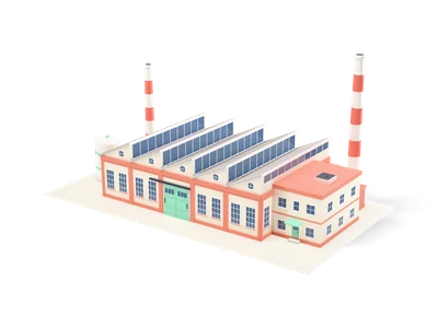 Factory hall with saw-tooth glass roof, two red and white striped chimneys, office annex and tank