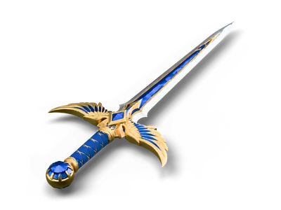 Fantasy sword with a steel blade and blue inlay, winged gold crossguard, blue wrapped grip and a sapphire pommel