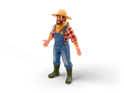 Smiling stylized farmer in straw hat, red plaid shirt, yellow bandana, denim overalls and green rubber boots