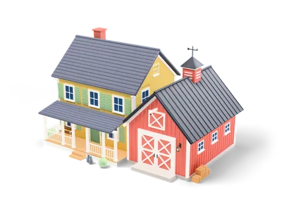 Gelbes zweistöckiges Bauernhaus mit Veranda und angebautem roten Scheunenflügel mit weißen Toren