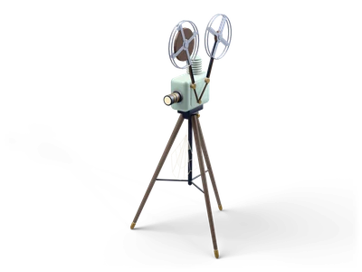 Pale green film projector with two large silver reels and a glowing lens standing on a tall brown wooden tripod