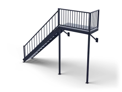 Dark metal fire escape with a railed landing on posts and a straight flight of grating steps