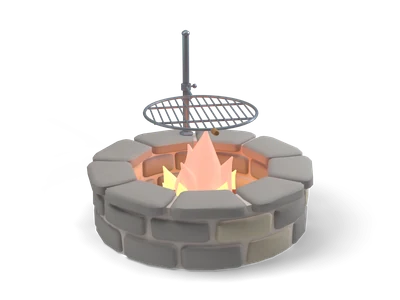 Round grey stone fire pit with orange flames under a round metal grill grate on a swivel post