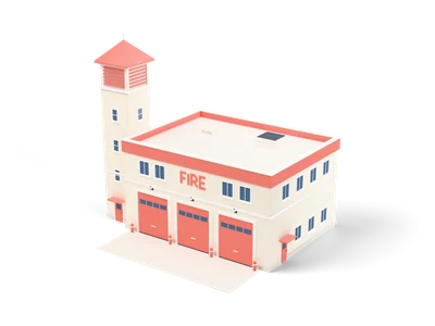 Cream two-storey fire station with three coral bay doors, FIRE lettering and a corner hose tower