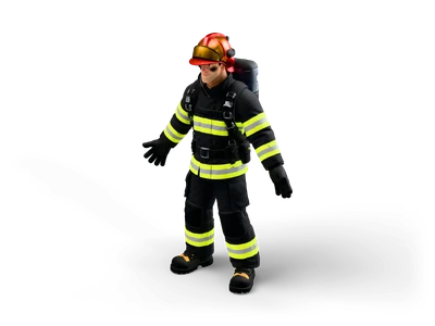 Firefighter in dark turnout gear with yellow reflective stripes, red helmet with gold visor and air tank