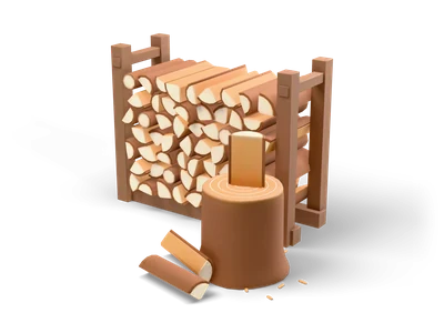 Stacked split firewood in a dark wooden rack with a chopping block and a standing log in front
