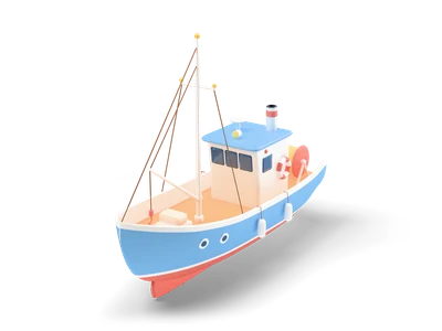 Himmelblauer Fischkutter mit weißem Steuerhaus, blauem Dach, Mast mit Takelage, gelber Netztrommel und Holzdeck