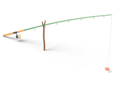 Green fishing rod with cork handle and reel resting in a forked stick, line hanging down to a red and white float