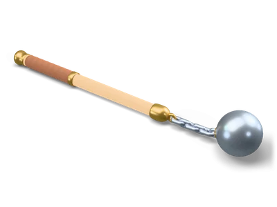 Stylized flail lying flat with an ash handle, leather grip, brass fittings, a short steel chain and a smooth steel ball