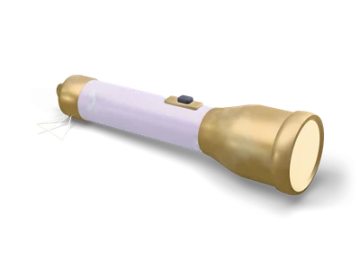 Lavender flashlight with a gold head and glowing cream lens lying slightly tilted on the floor