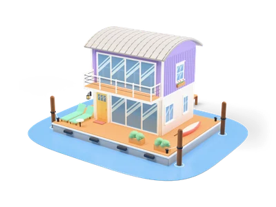Two-storey floating house with lavender upper floor and curved grey roof on a pontoon with wooden deck in blue water