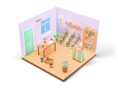 Isometric flower shop interior with tiered stand of zinc flower buckets, plant shelves, florist table, counter and lavender walls