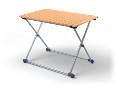 Folding camp table with a roll-up top of warm wooden slats on a light grey scissor leg tube frame