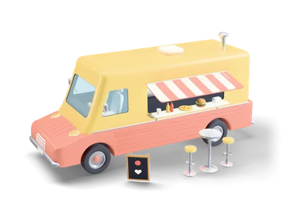 Coral and yellow retro food truck with a striped open hatch, a counter with a burger and pizza, a menu board and stools