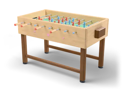 Futbolín de madera clara con campo verde, barras de acero con jugadores redondeados rojos y azules y empuñaduras de madera