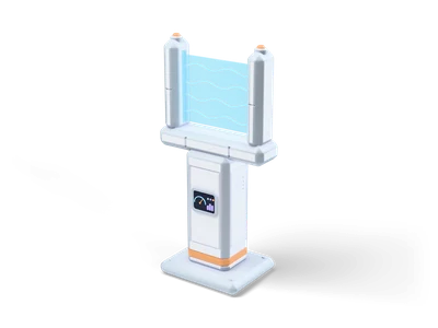 White and grey pylon with two prongs holding a translucent cyan force field with wavy white lines