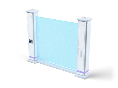 Translucent cyan energy wall with a white honeycomb pattern stretched between two white pylons on a grey floor rail