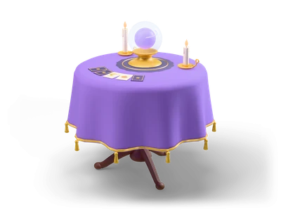 Mesa redonda con mantel morado y borlas doradas, bola de cristal luminosa sobre soporte dorado, velas y cartas