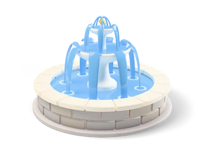Runder Dorfbrunnen mit grauem Steinbecken, zwei hellen Schalen und glänzenden stilisierten blauen Wasserbögen