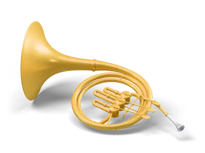 Golden French horn lying on its side with coiled tubing, large flared bell and three rotary valves