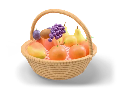 Stylized wicker fruit basket with handle, red checkered cloth and a heap of oranges, pears, lemons, plums and grapes