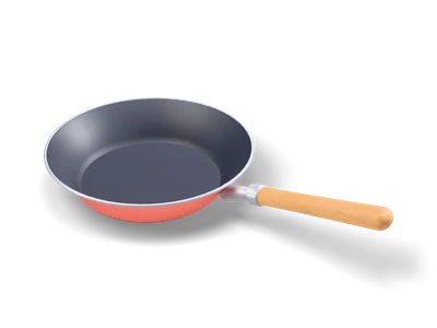 Coral frying pan with dark non-stick inside, steel rim and a honey-colored wooden handle