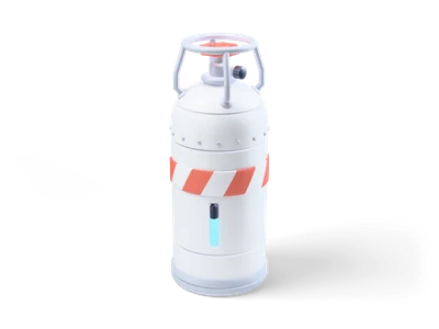 White sci-fi fuel canister with coral and white warning stripes, glowing cyan gauge and red valve wheel on top