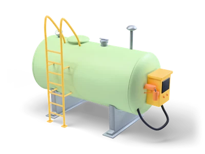 Sage green horizontal fuel tank on steel saddles with a yellow ladder and a yellow fuel dispenser with hose