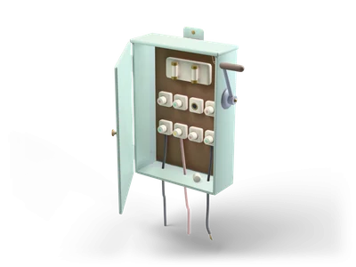 Mint green metal fuse box with an open door, white ceramic fuses inside, a side lever with a brown grip and cables hanging below