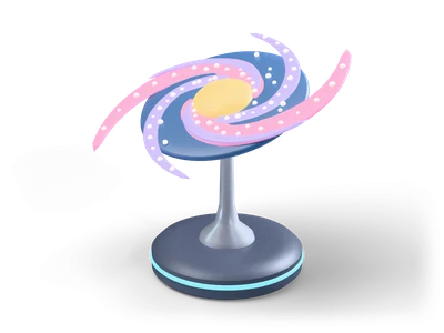 Galaxia espiral de exposición con disco azul profundo, núcleo amarillo, brazos rosas y pequeñas estrellas blancas sobre soporte plateado