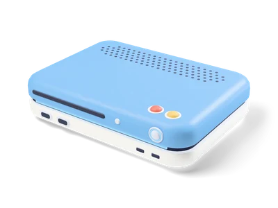 Flat home game console with sky-blue top, white base, dark disc slot, round power button and coral and yellow buttons