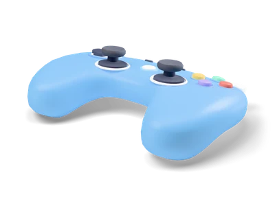 Sky-blue gamepad with two dark thumbsticks, dark D-pad and green, coral, yellow and lilac face buttons