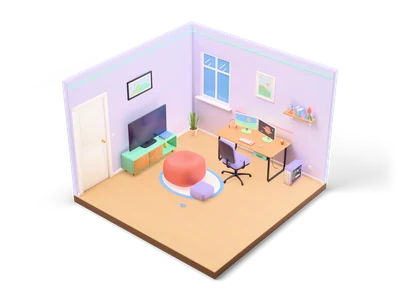 Isometric gaming room with lavender walls, mint LED strips, desk with two glowing monitors, TV lowboard and coral bean bag