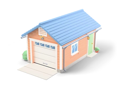 Peach single-car garage with blue gable roof, white sectional door with small windows, gutters and side door