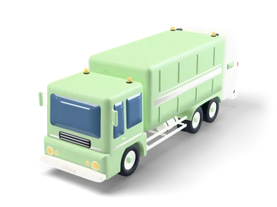 Sage-green three-axle garbage truck with flat cab, amber beacons, ribbed body and white rear loader