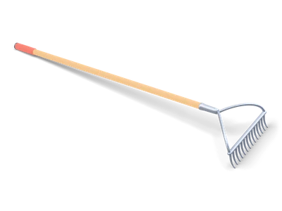 Long garden rake with steel tines and bows, a light wooden shaft and a red grip