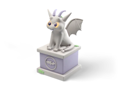 Cute stone gargoyle with bat wings, small horns and big eyes sitting on a lilac plinth with a bat relief
