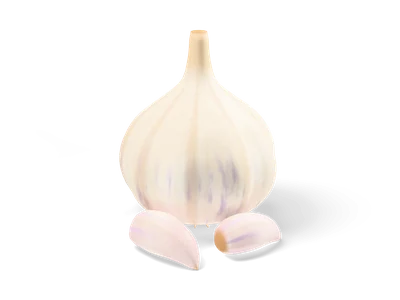 Stylized white garlic bulb with purple streaks and two loose garlic cloves