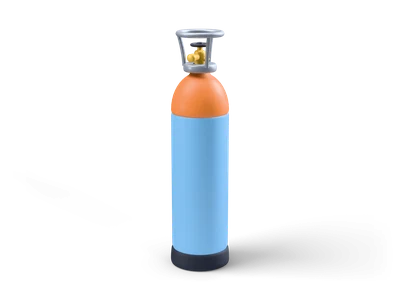 Tall sky blue gas cylinder with an orange top, a brass valve and a round steel guard