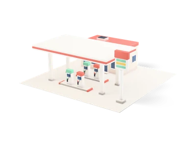 Small gas station with white canopy over two pump islands, cream shop kiosk and a blank price sign
