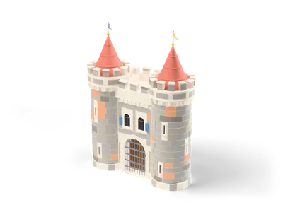 Stone castle gatehouse with two round towers, coral cone roofs, pennants and a lowered iron portcullis