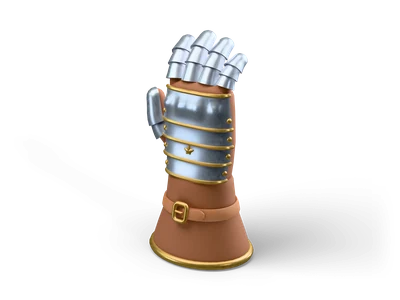 Steel plate gauntlet with brass edged lames and plated fingers standing upright on a brown leather cuff with a brass buckle
