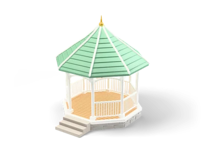 Achteckiger weißer Pavillon mit Geländern, Stufen vorn, mintgrünem Schindeldach und goldener Spitze